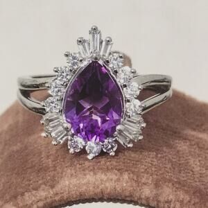 Sterling Silver 925 Purple Amethyst Pear Teardrop Halo Ring Sz 6.75 JWBR Signed